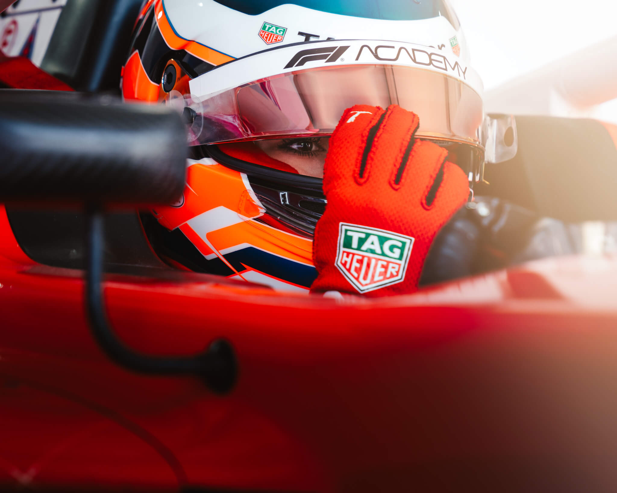 Aiva Anagnostiadis in her helmet and F1 Academy car ready to go racing